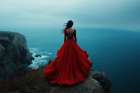 Back of woman in red flowing gown facing ocean Art Print